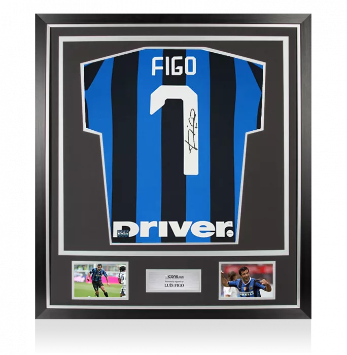 Luis Figo Back Signed Internazionale 2019-20 Home Shirt with Fan Style Number In Classic Frame