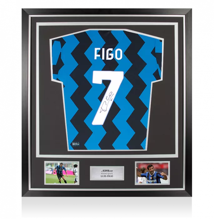 Luis Figo Back Signed Modern Internazionale Home Shirt With Fan Style Numbers In Classic Frame