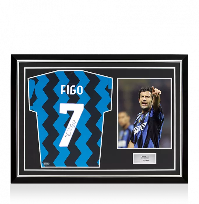 Luis Figo Back Signed Modern Internazionale Home Shirt With Fan Style Numbers In Hero Frame: Option 1