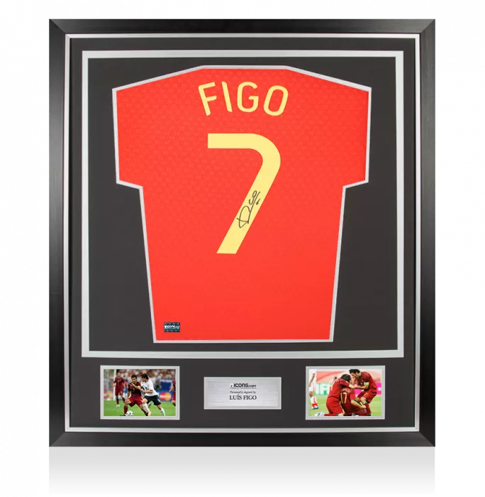 Luis Figo Back Signed Portugal 2025-26 Home Shirt with Fan Style Number In Classic Frame