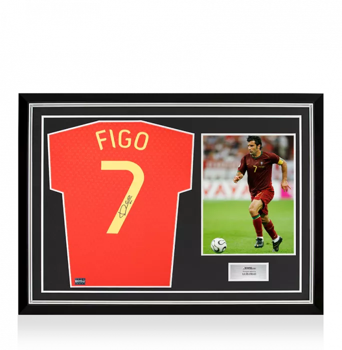 Luis Figo Back Signed Portugal 2025-26 Home Shirt with Fan Style Number In Hero Frame: Option 1