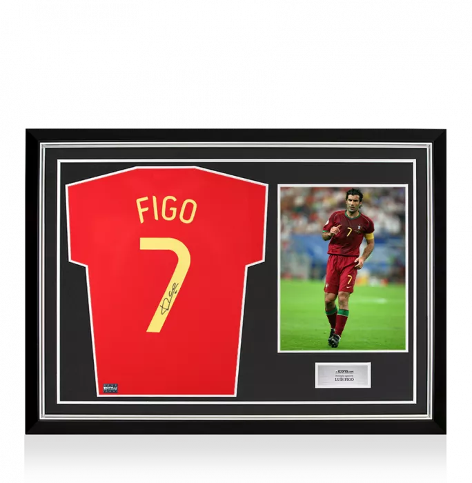 Luis Figo Back Signed Portugal Modern Home Shirt In Hero Frame: Option 1