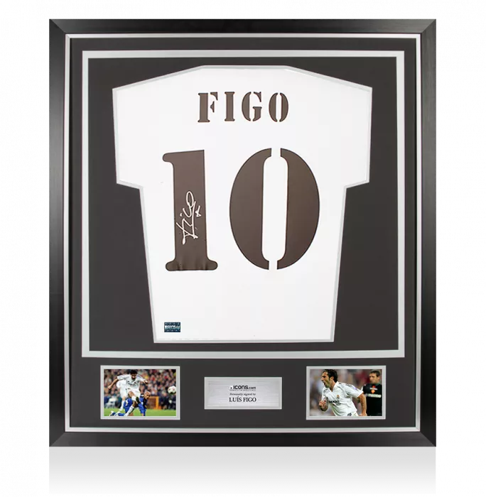 Luis Figo Back Signed Real Madrid 2018-19 Home Shirt with Fan Style Numbers In Classic Frame