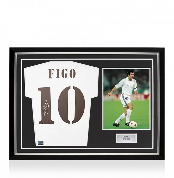 Luis Figo Back Signed Real Madrid 2018-19 Home Shirt with Fan Style Numbers In Hero Frame: Option 1