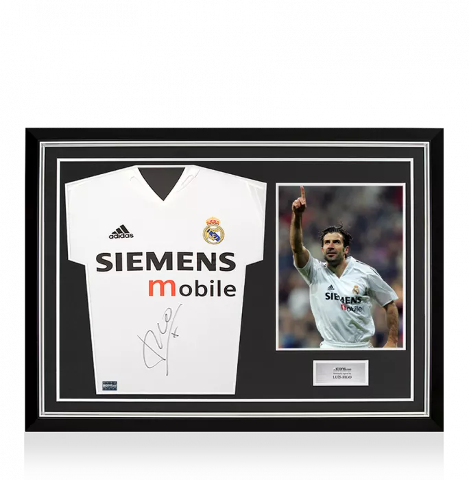 Luis Figo Front Signed Real Madrid 2004-05 Home Shirt - Long Sleeved In Hero Frame: Option 1