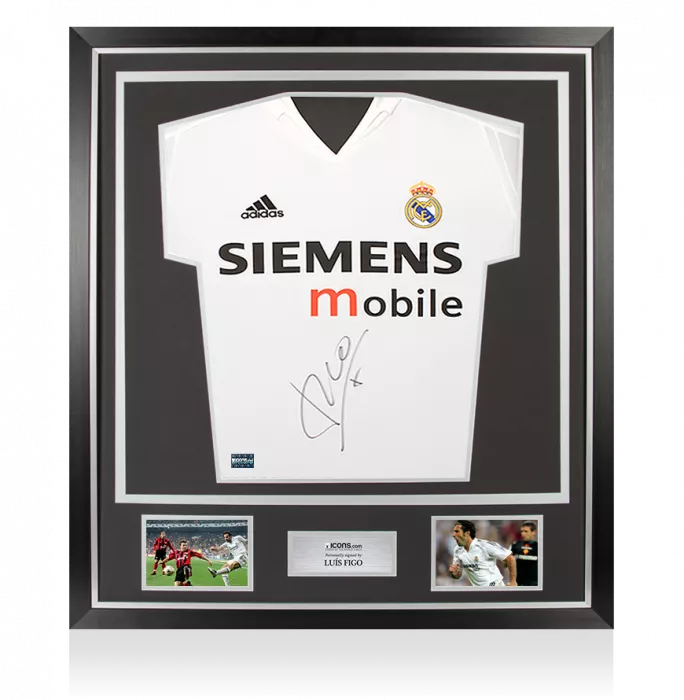 Luis Figo Front Signed Real Madrid 2004-05 Home Shirt - Long Sleeved In Classic Frame