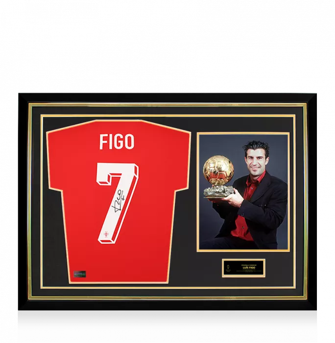 Luis Figo Official Ballon d'Or™ Back Signed and Hero Framed Portugal 2024 Home Shirt