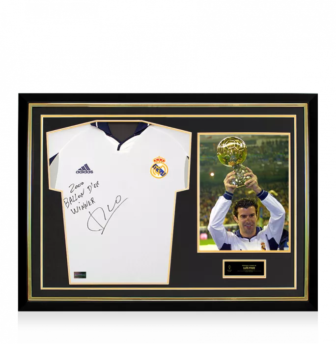 Luis Figo Official Ballon d'Or™ Back Signed and Hero Framed Real Madrid 2000-01 Home Shirt - "2000 Ballon d'Or Winner" Inscription