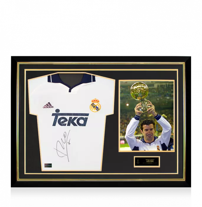 Luis Figo Official Ballon d'Or™ Front Signed and Hero Framed Real Madrid 2000-01 Home Shirt