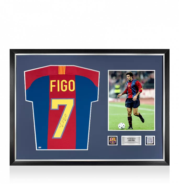 Luis Figo Official FC Barcelona Back Signed and Framed Retro Home Shirt With Fan Style Numbers