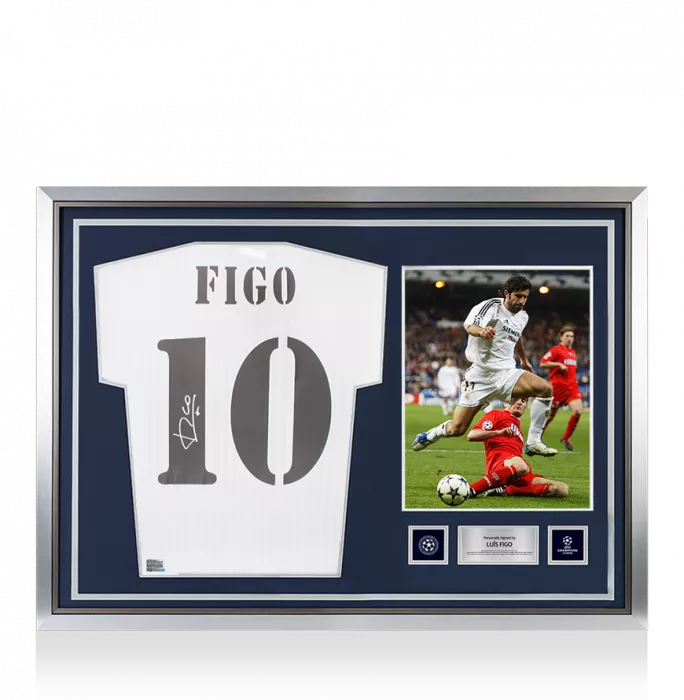 Luis Figo Official UEFA Champions League Back Signed And Hero Framed Real Madrid Terrace Shirt