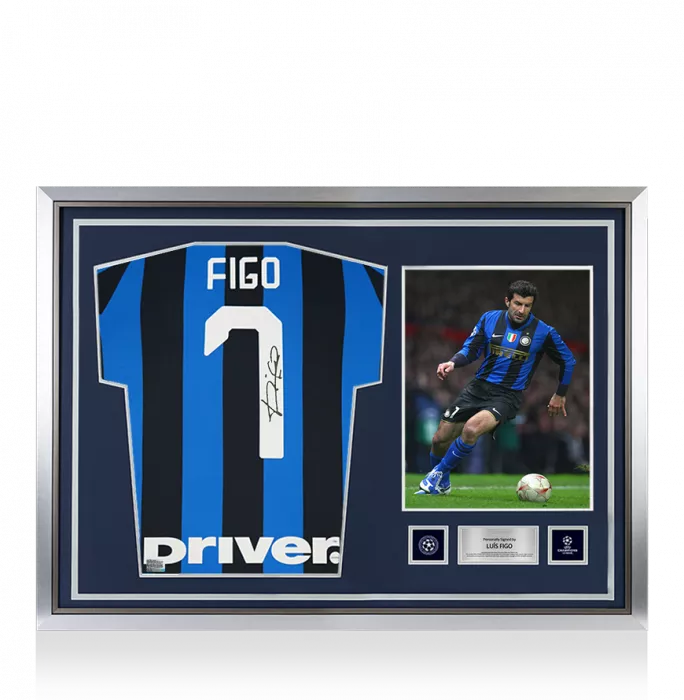 Luis Figo Official UEFA Champions League Back Signed And Hero Framed Internazionale 2019-20 Home Shirt With Fan Style Number