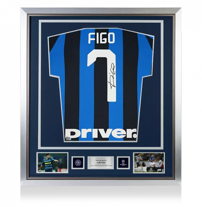 Luis Figo Official UEFA Champions League Back Signed And Framed Internazionale 2019-20 Home Shirt With Fan Style Number