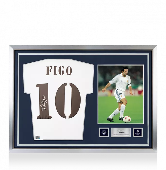 Luis Figo Official UEFA Champions League Back Signed and Hero Framed Real Madrid 2018-19 Home Shirt with Fan Style Numbers