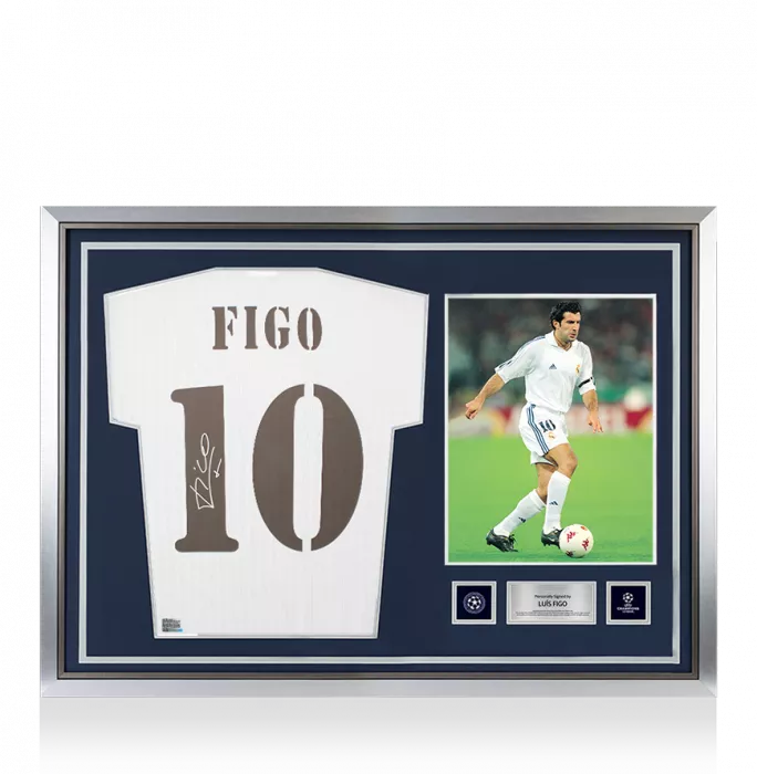Luis Figo Official UEFA Champions League Back Signed and Hero Framed Real Madrid Icons Shirt