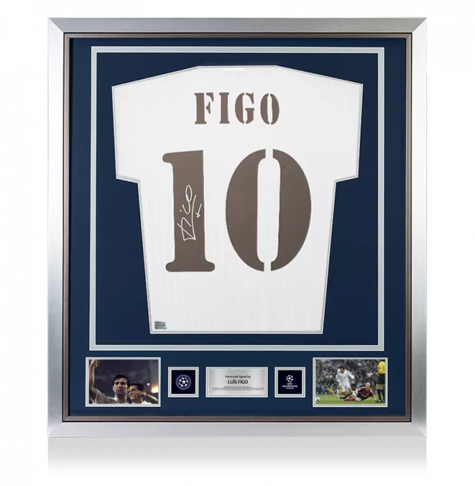 Luis Figo Official UEFA Champions League Back Signed and Framed Real Madrid Icons Shirt