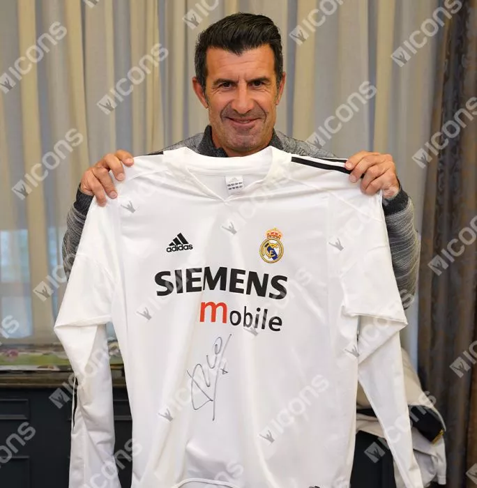 Luis Figo Official UEFA Champions League Front Signed And Hero Framed Real Madrid 2004-05 Home Shirt - Long Sleeved