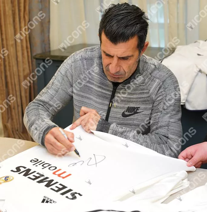 Luis Figo Official UEFA Champions League Front Signed And Framed Real Madrid 2004-05 Home Shirt - Long Sleeved
