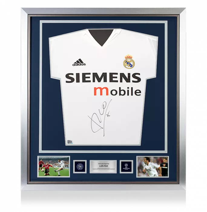 Luis Figo Official UEFA Champions League Front Signed And Framed Real Madrid 2004-05 Home Shirt - Long Sleeved