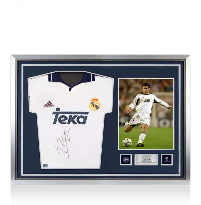 Luis Figo Official UEFA Champions League Front Signed and Hero Framed Real Madrid 2000-01 Home Shirt
