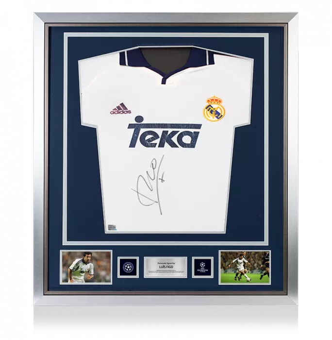Luis Figo Official UEFA Champions League Front Signed and Framed Real Madrid 2000-01 Home Shirt