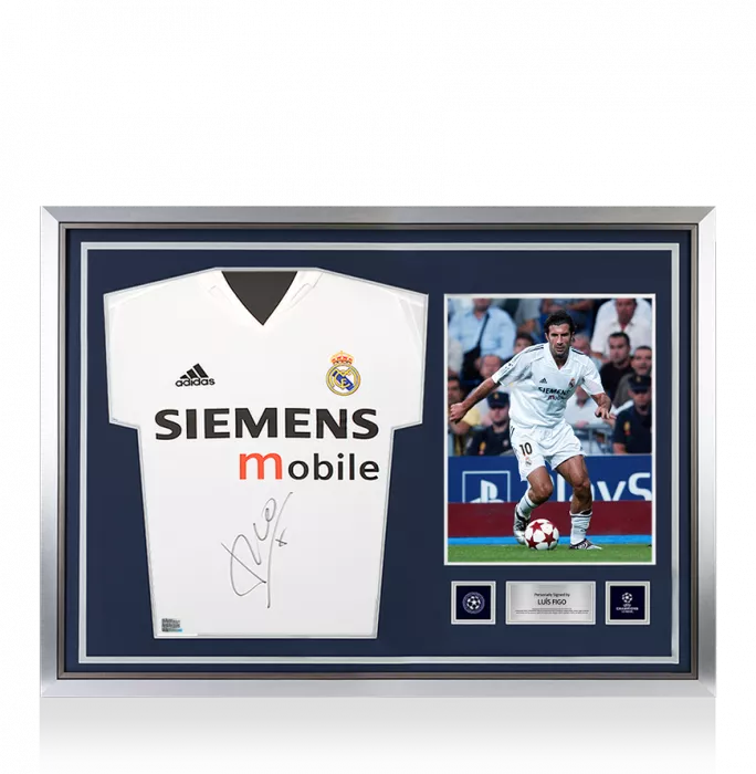 Luis Figo Official UEFA Champions League Front Signed And Hero Framed Real Madrid 2004-05 Home Shirt - Long Sleeved