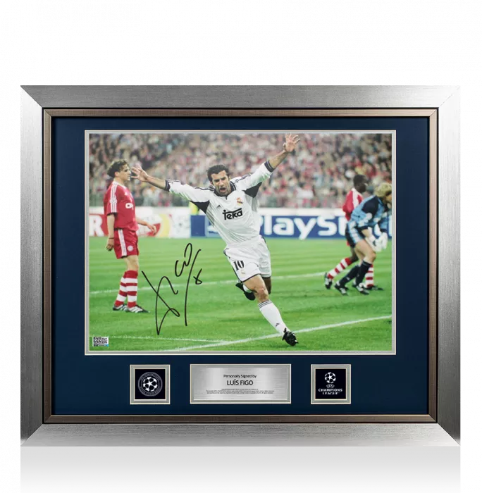 Luis Figo Official UEFA Champions League Signed and Framed Real Madrid Photo: Champions League Goal