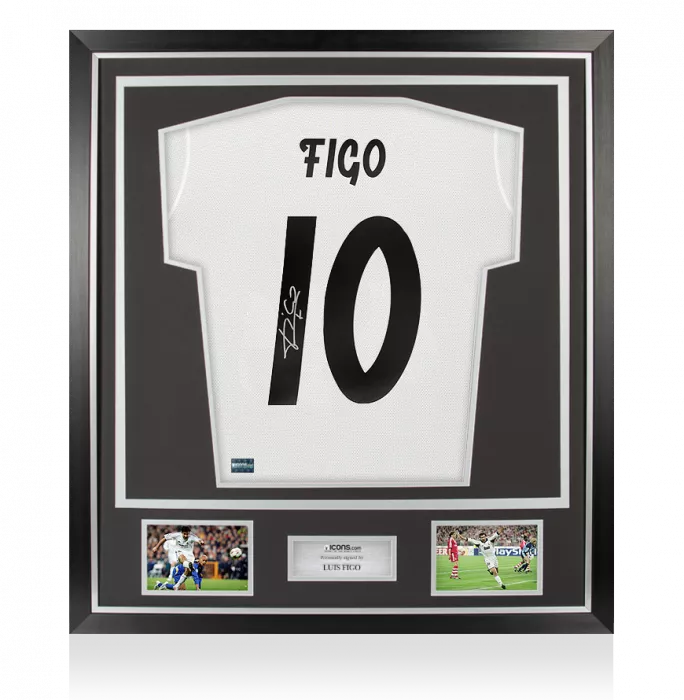 Luis Figo Signed Modern Real Madrid Home Shirt With Fan Style Number In Classic Frame