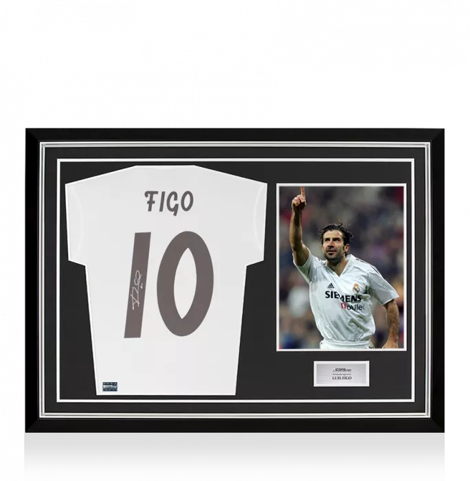 Luis Figo Signed Modern Real Madrid Home Shirt With Fan Style Number In Hero Frame: Option 1