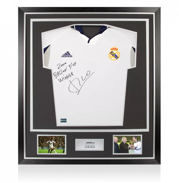 Luis Figo Signed Real Madrid 2000-01 Home Shirt - "2000 Ballon d'Or Winner" Inscription In Classic Frame