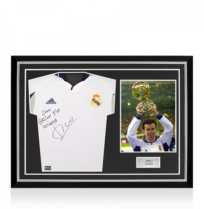 Luis Figo Signed Real Madrid 2000-01 Home Shirt - "2000 Ballon d'Or Winner" Inscription In Hero Frame: Option 1