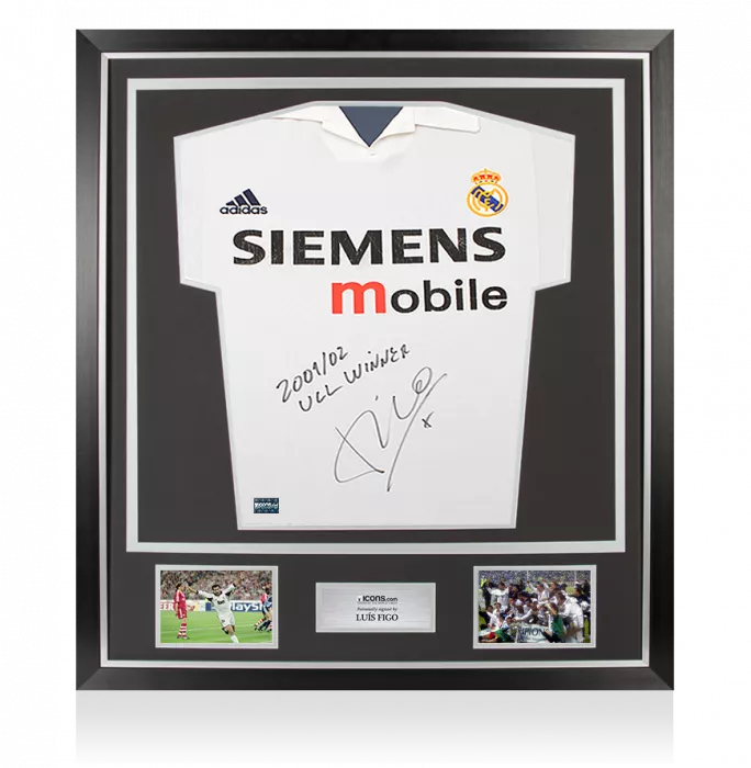 Luis Figo Signed Real Madrid Centenary Home Shirt- "01-02 UCL Winner" Inscription In Classic Frame