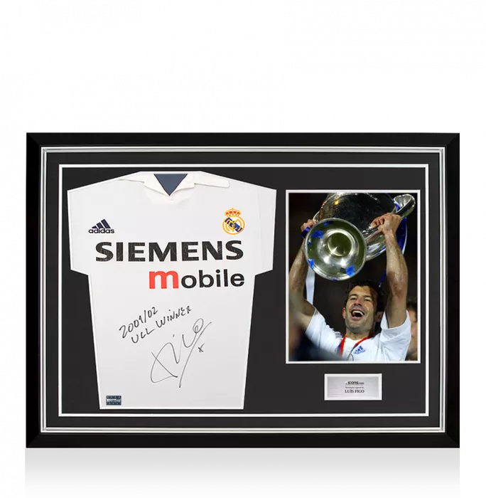 Luis Figo Signed Real Madrid Centenary Home Shirt- "01-02 UCL Winner" Inscription In Hero Frame: Option 1