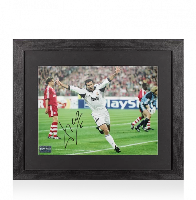 Luis Figo Signed Real Madrid Photo In Black Wooden Frame: UEFA Champions League Goal