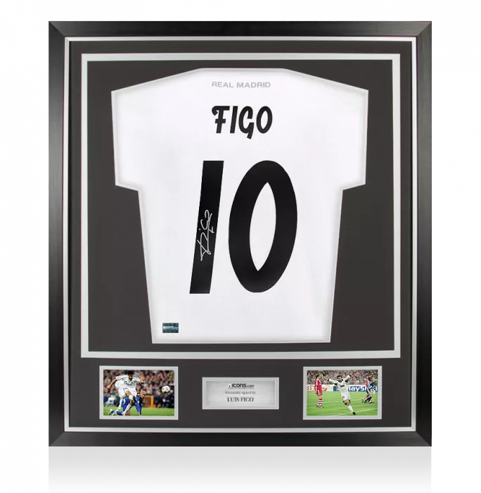 Luis Figo Signed Real Madrid Tonal Crest T-Shirt With Fan Style Number In Classic Frame