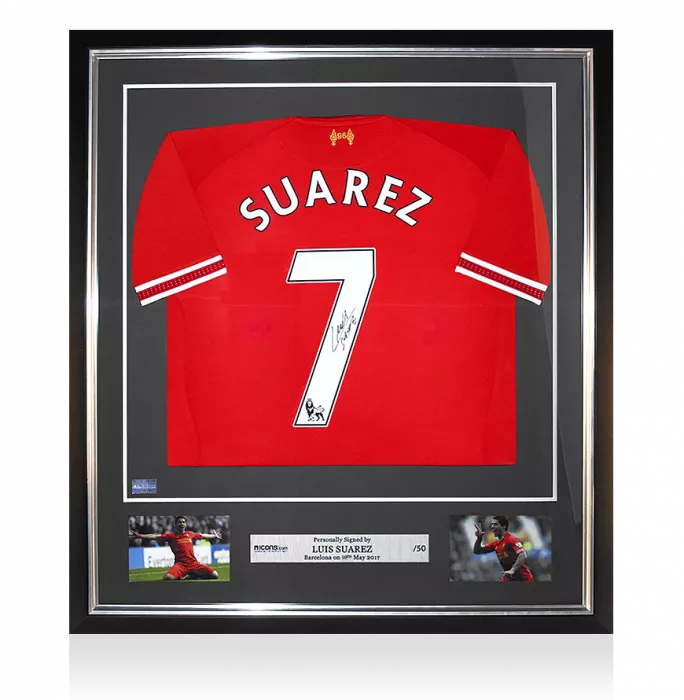 Luis Suarez Back Signed And Framed Liverpool 2013-14 Home Shirt