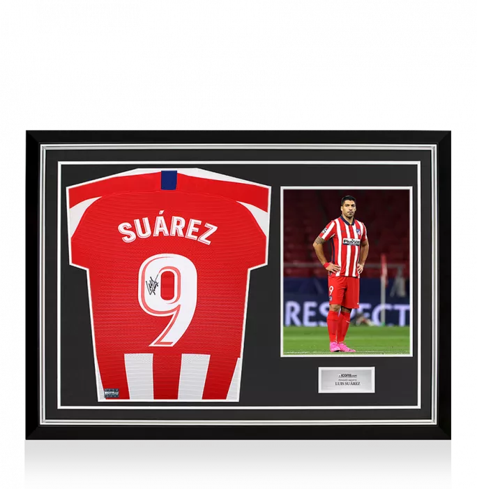 Luis Suarez Back Signed Atletico Madrid 2019-20 Home Shirt with Fan Style Number In Hero Frame: Option 1