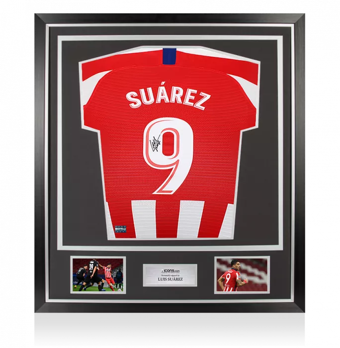 Luis Suarez Back Signed Atletico Madrid 2019-20 Home Shirt with Fan Style Number In Classic Frame