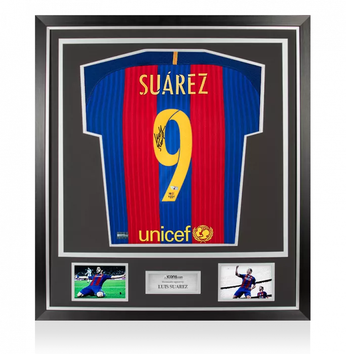 Luis Suarez Back Signed FC Barcelona 2016-17 Home Shirt In Classic Frame