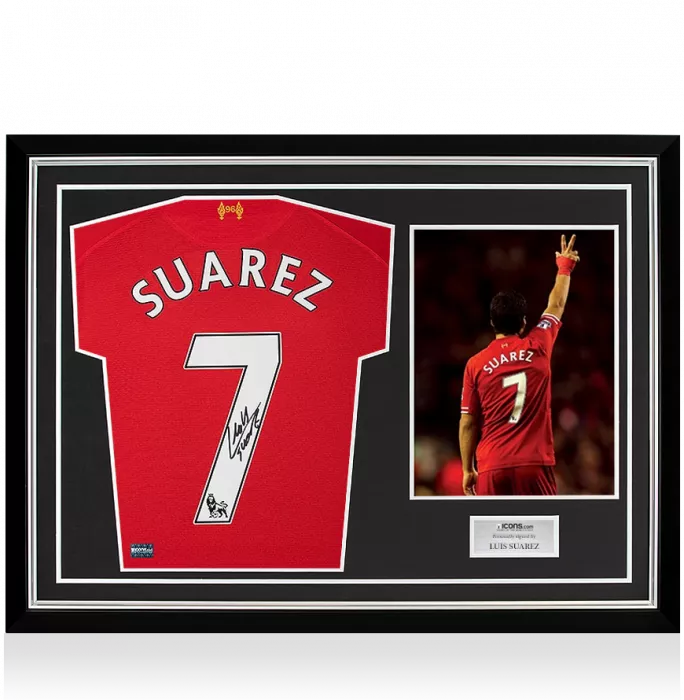 Luis Suarez Back Signed Liverpool 2013-14 Home Shirt In Hero Frame: Option 1