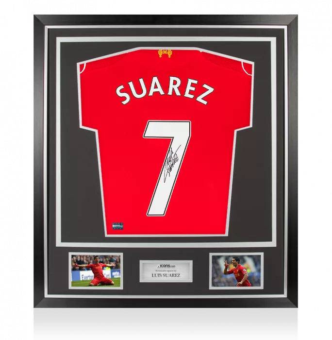 Luis Suarez Back Signed Liverpool 2014-15 Home Shirt In Classic Frame