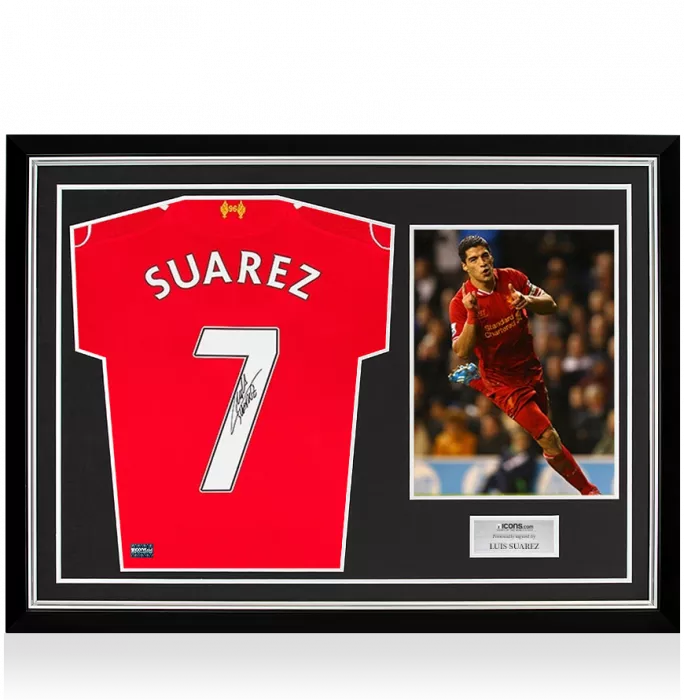 Luis Suarez Back Signed Liverpool 2014-15 Home Shirt In Hero Frame: Option 1