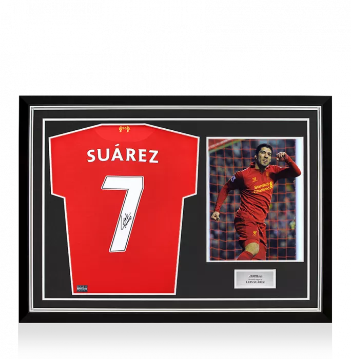 Luis Suarez Back Signed Liverpool FC 2012-13 Home Shirt with Fan Style Number In Hero Frame: Option 1