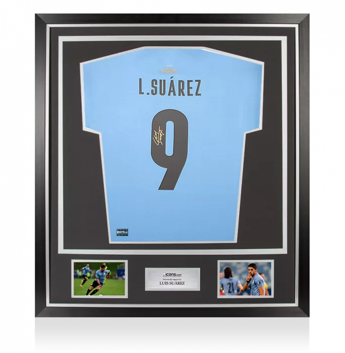Luis Suarez Back Signed Uruguay 2021-22 Home Shirt with Fan Style Number In Classic Frame