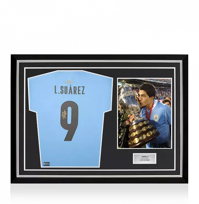 Luis Suarez Back Signed Uruguay 2021-22 Home Shirt with Fan Style Number In Hero Frame: Copa América Edition