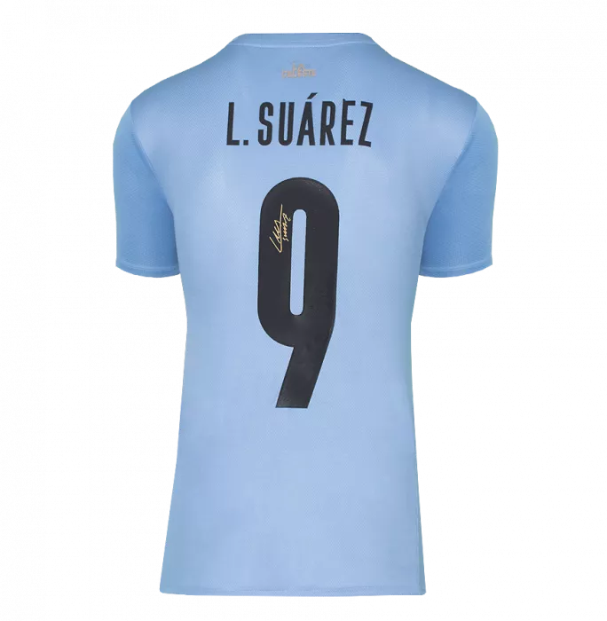 Luis Suarez Back Signed Uruguay 2021-22 Home Shirt In Hero Frame: Option 1