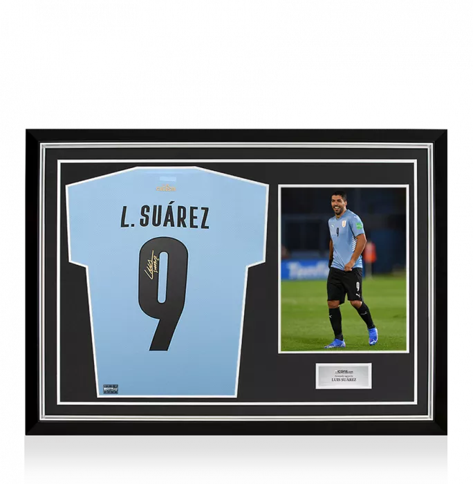 Luis Suarez Back Signed Uruguay 2021-22 Home Shirt In Hero Frame: Option 1