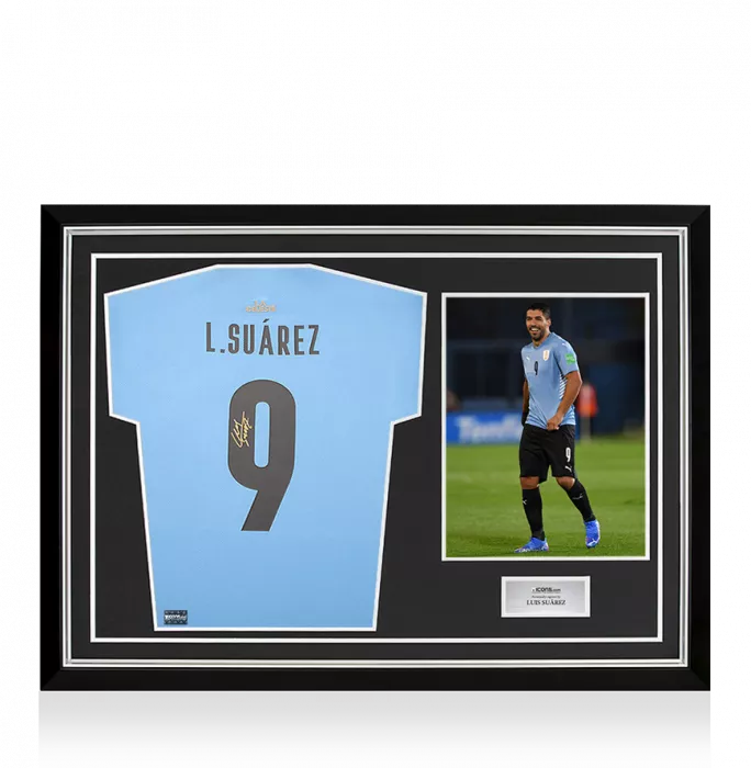 Luis Suarez Back Signed Uruguay 2021-22 Home Shirt with Fan Style Number In Hero Frame: Option 1