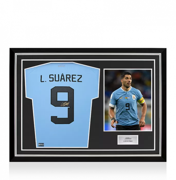 Luis Suarez Back Signed Uruguay 2022-23 Home Shirt In Hero Frame: Option 1