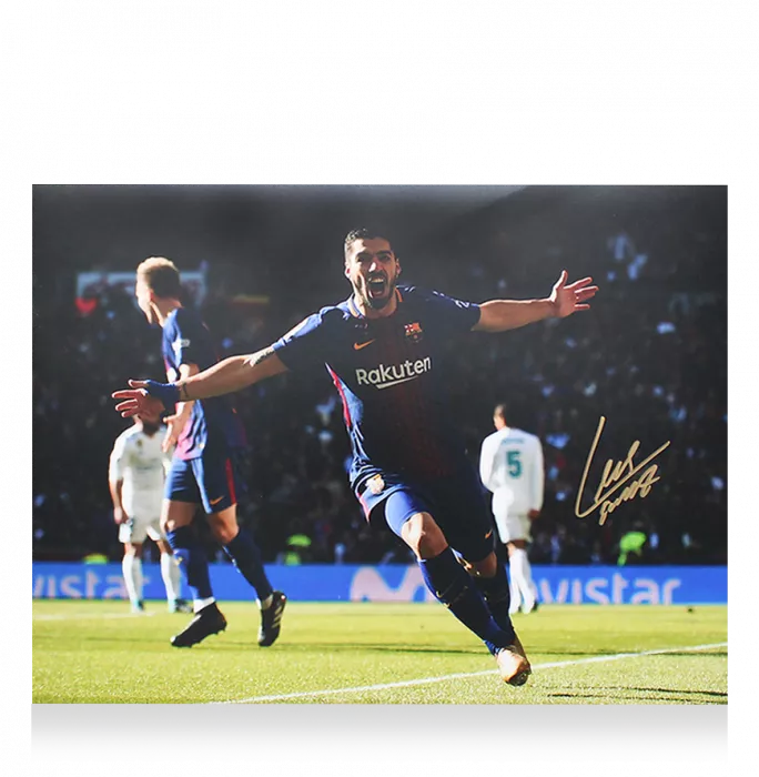 Luis Suarez FC Barcelona Signed Photo In Black Wooden Frame: Arms Out Celebration Vs Real Madrid